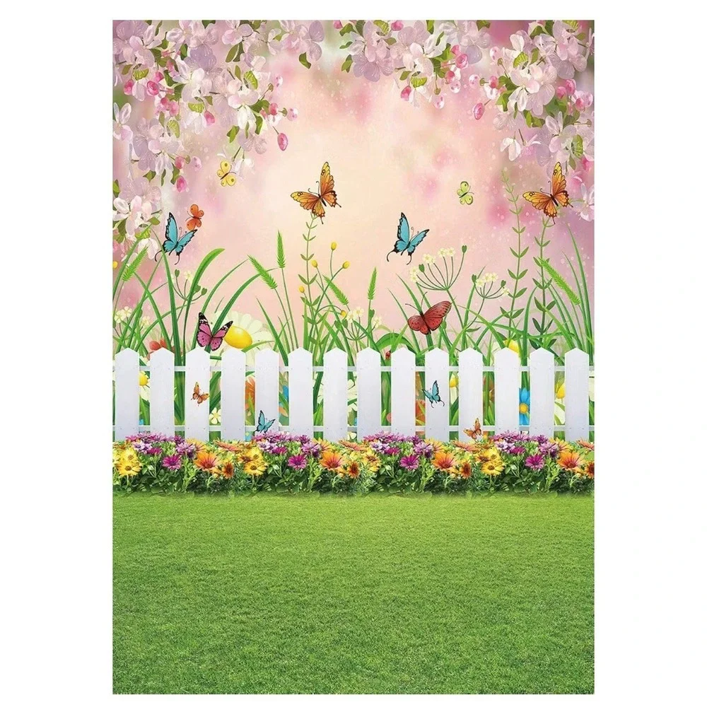 Spring Garden Backdrop Grassland Butterfly Fence Pink Flowers Backdrops 5x7